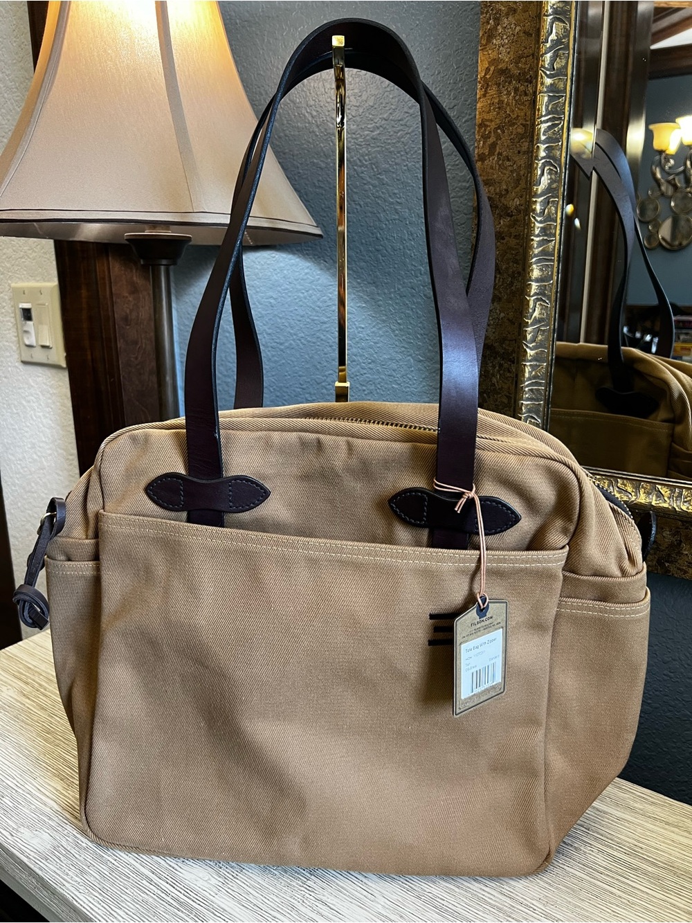 🆕 Filson Tan Canvas Duffel Bag with Dark Brown Leather Handles